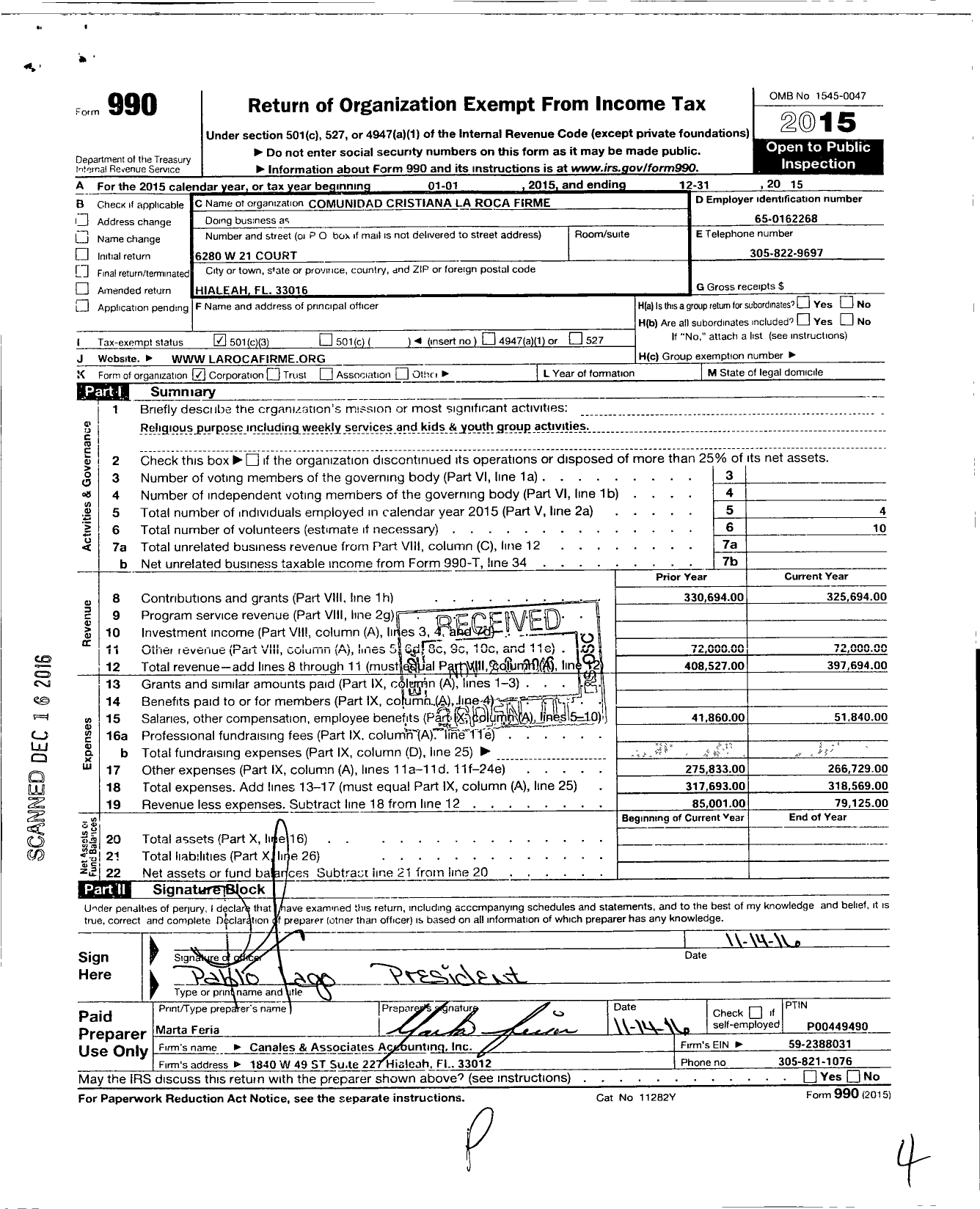 Image of first page of 2015 Form 990 for Comunidad Cristiana La Roca Firme