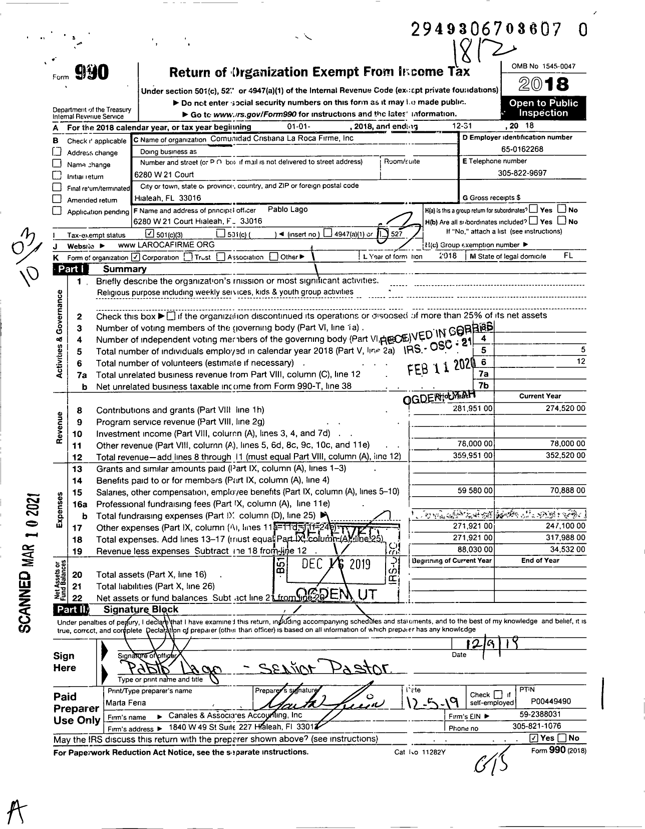 Image of first page of 2018 Form 990 for Comunidad Cristiana La Roca Firme