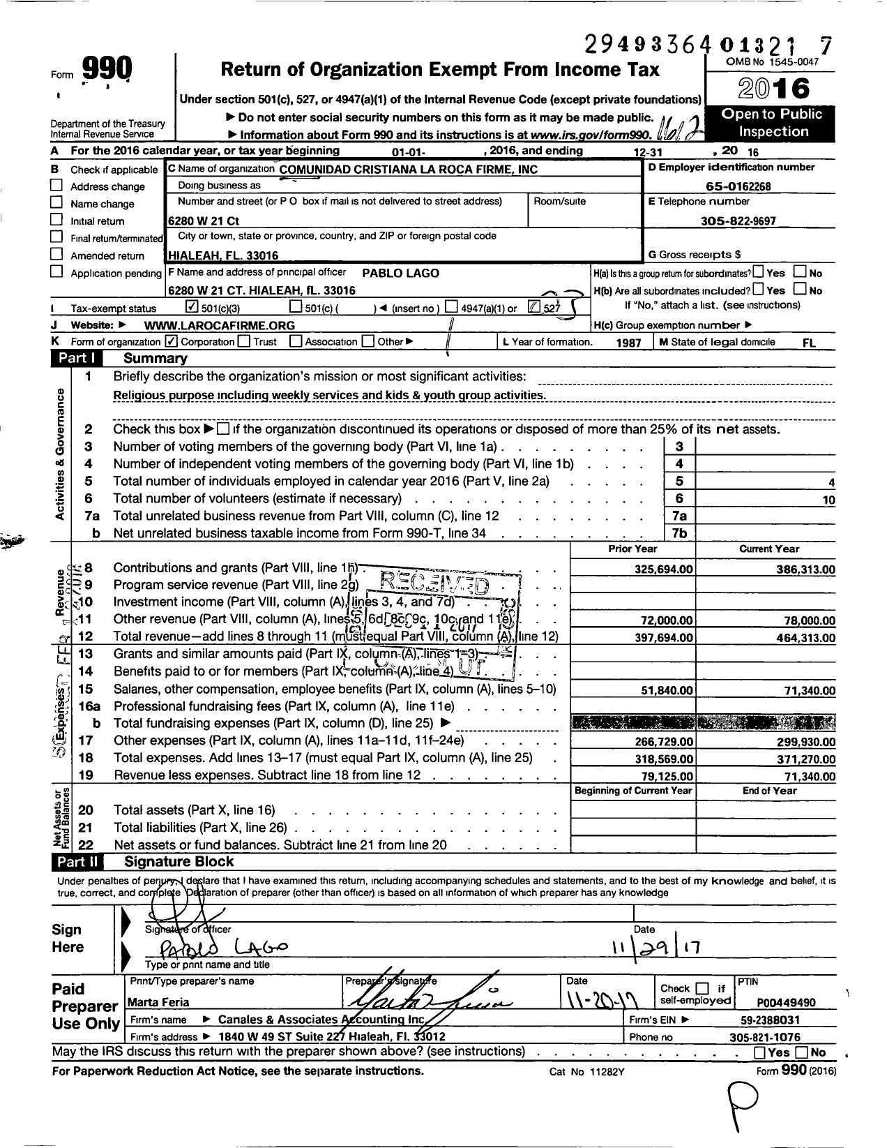 Image of first page of 2016 Form 990 for Comunidad Cristiana La Roca Firme