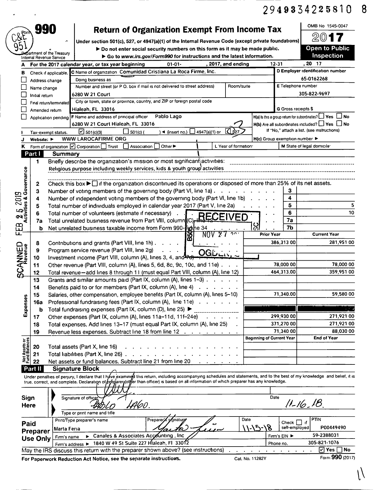 Image of first page of 2017 Form 990 for Comunidad Cristiana La Roca Firme