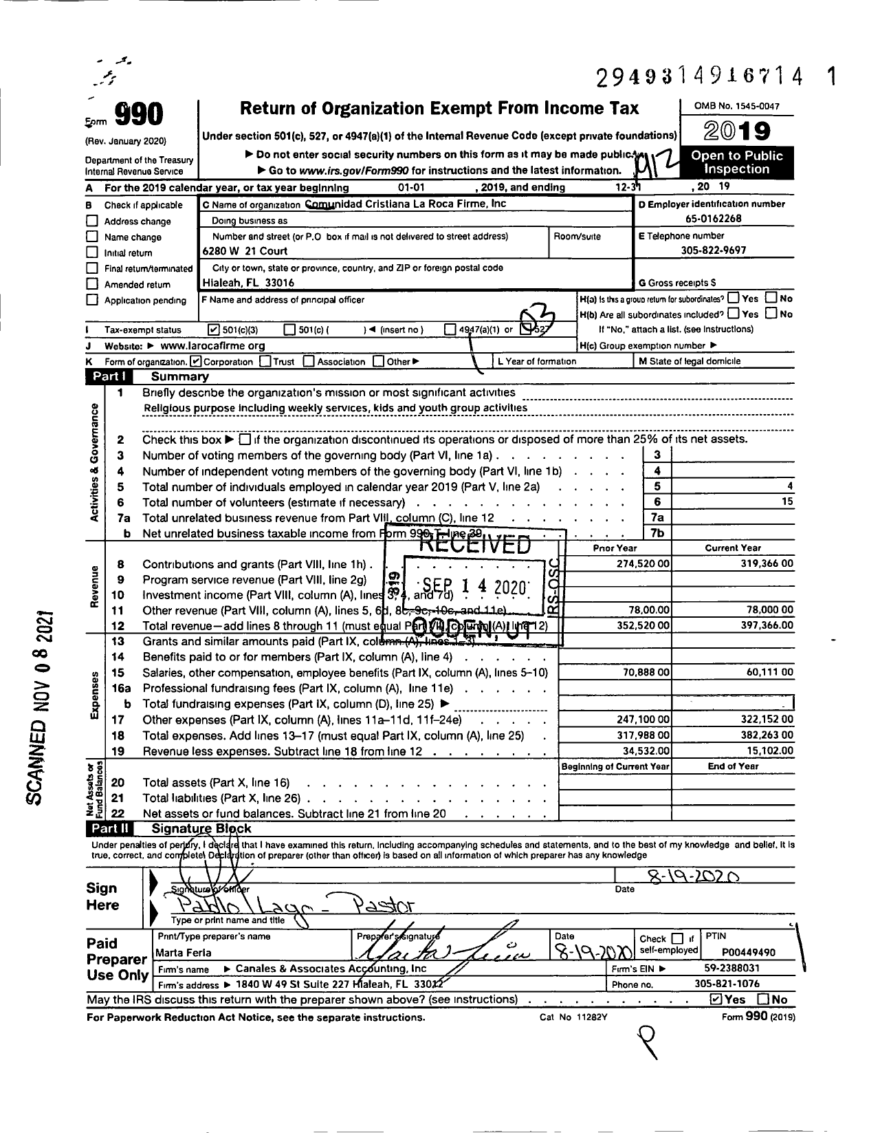 Image of first page of 2019 Form 990 for Comunidad Cristiana La Roca Firme