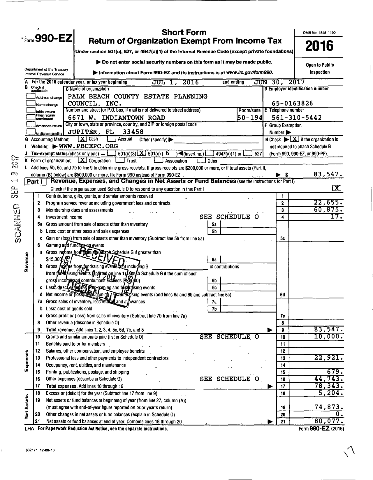 Image of first page of 2016 Form 990EO for Palm Beach County Estate Planning Council