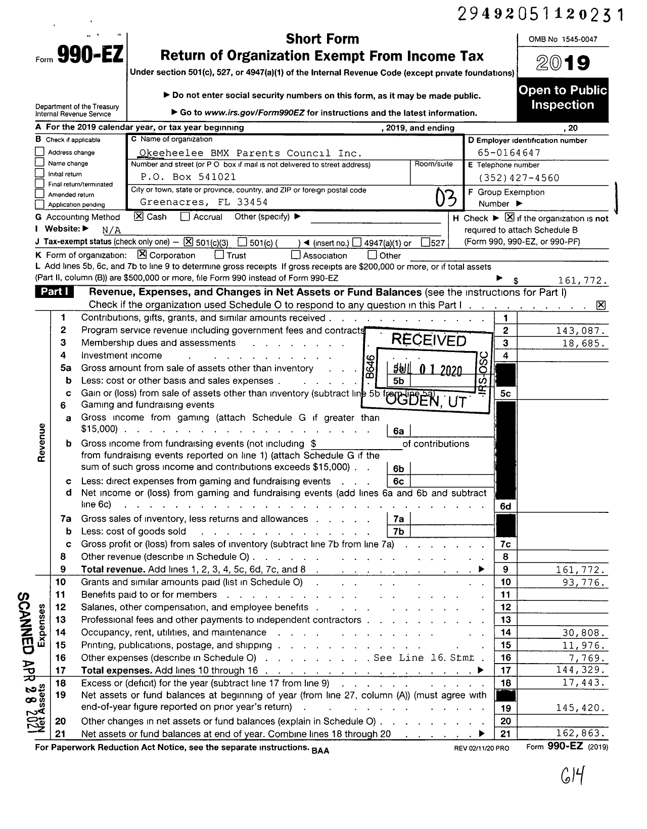 Image of first page of 2019 Form 990EZ for Okeeheelee BMX Parents Council