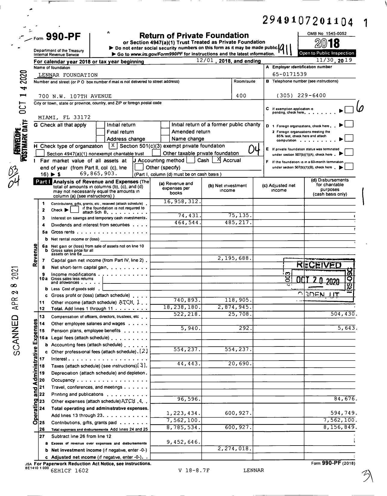 Image of first page of 2018 Form 990PF for Lennar Foundation