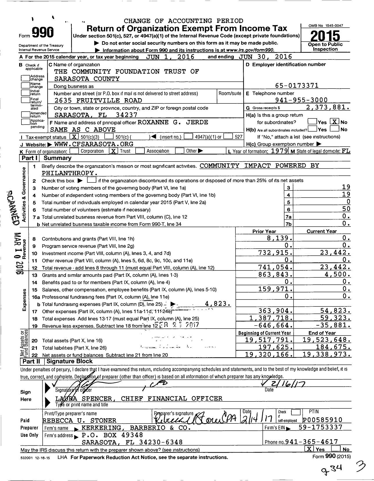 Image of first page of 2015 Form 990 for The Community Foundation Trust of Sarasota County