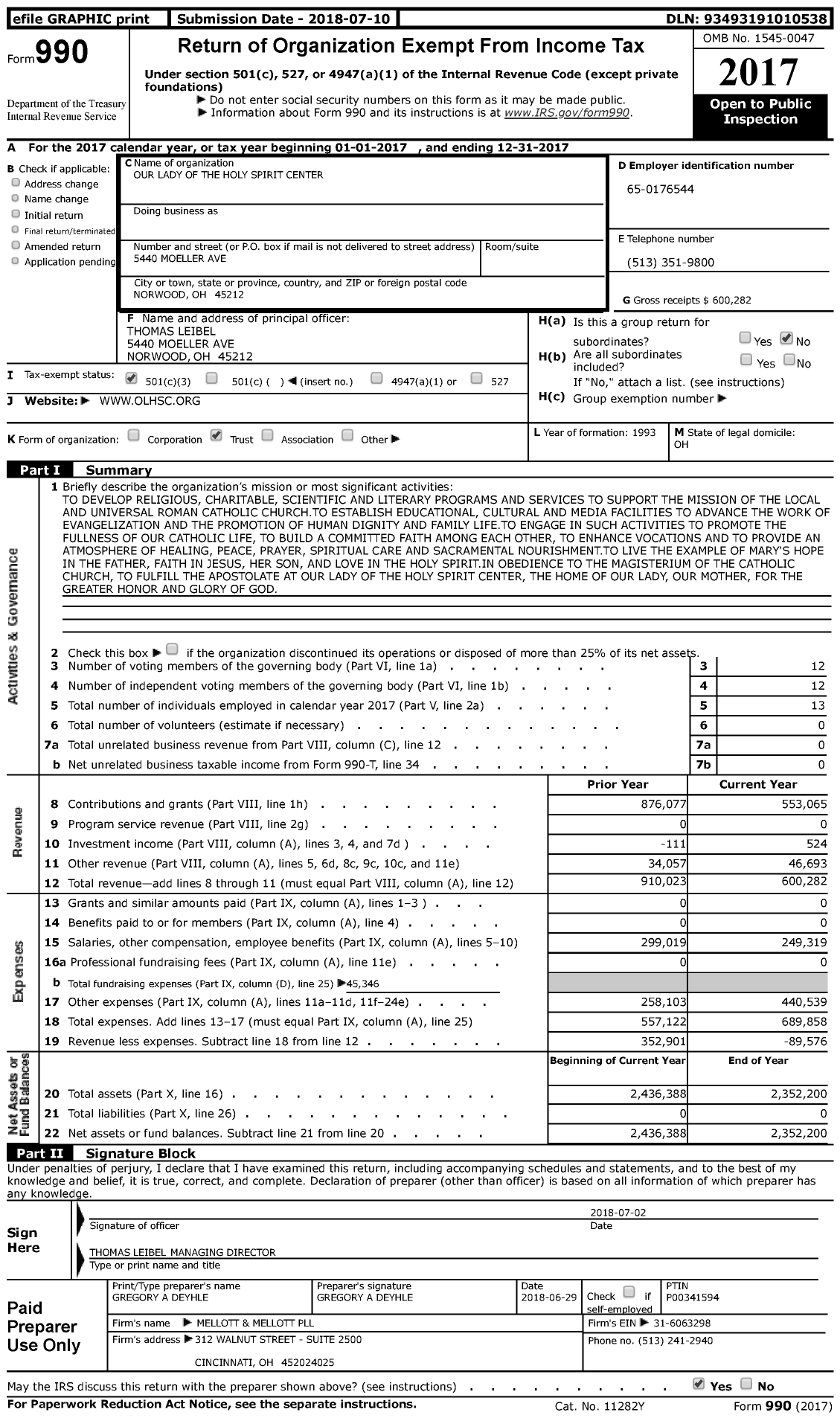 Image of first page of 2017 Form 990 for Our Lady of the Holy Spirit Center