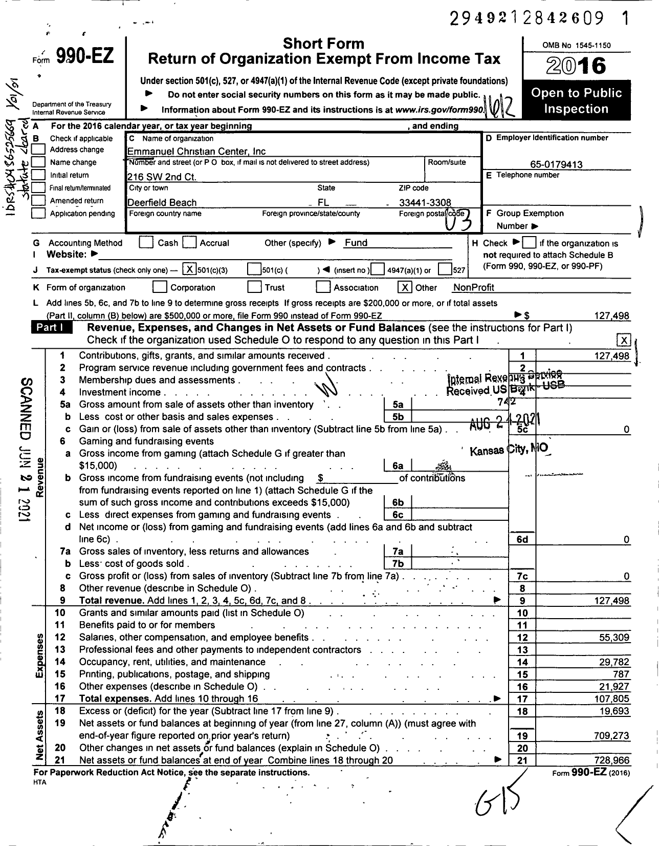 Image of first page of 2016 Form 990EZ for Emmanuel Christian Center