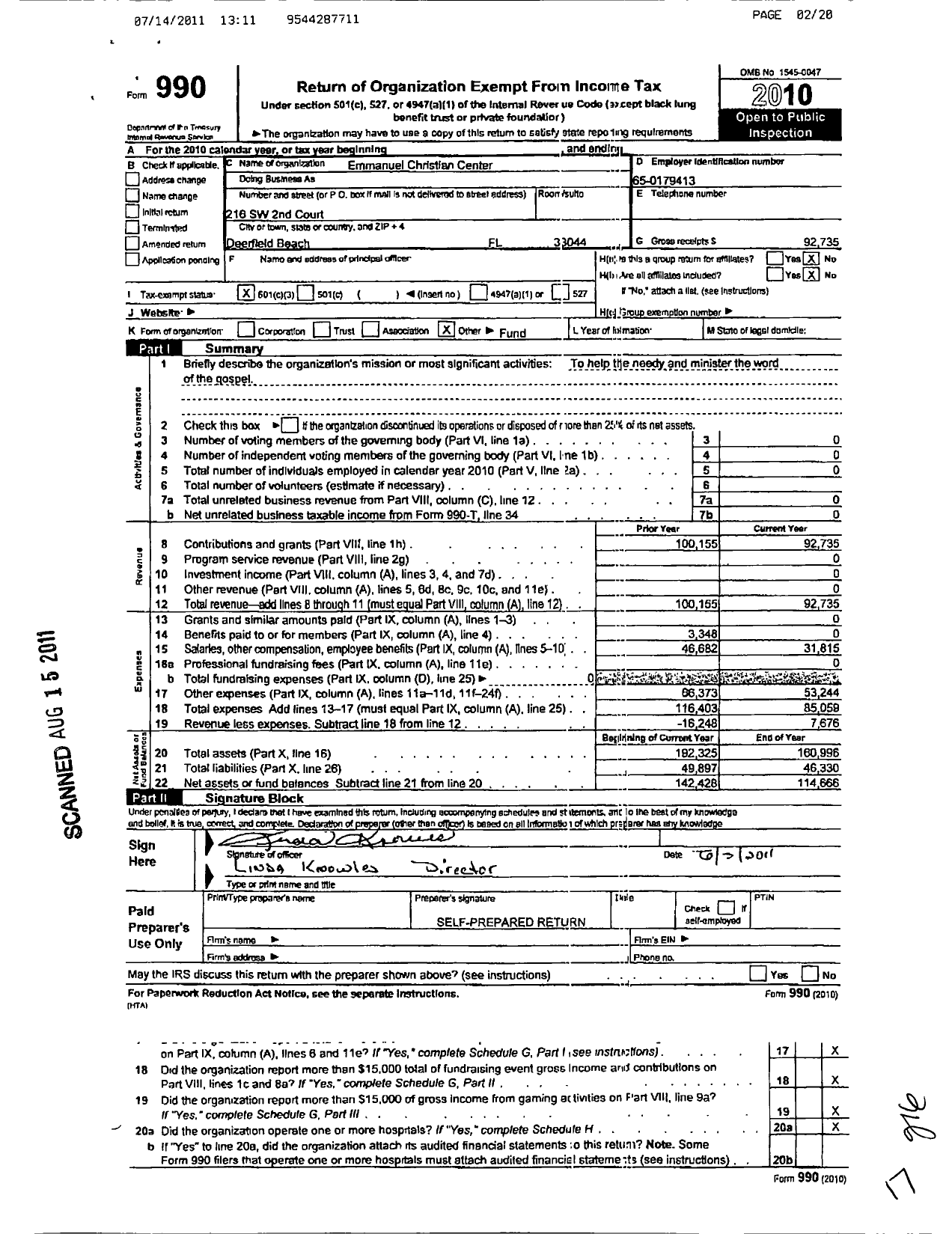 Image of first page of 2010 Form 990 for Emmanuel Christian Center