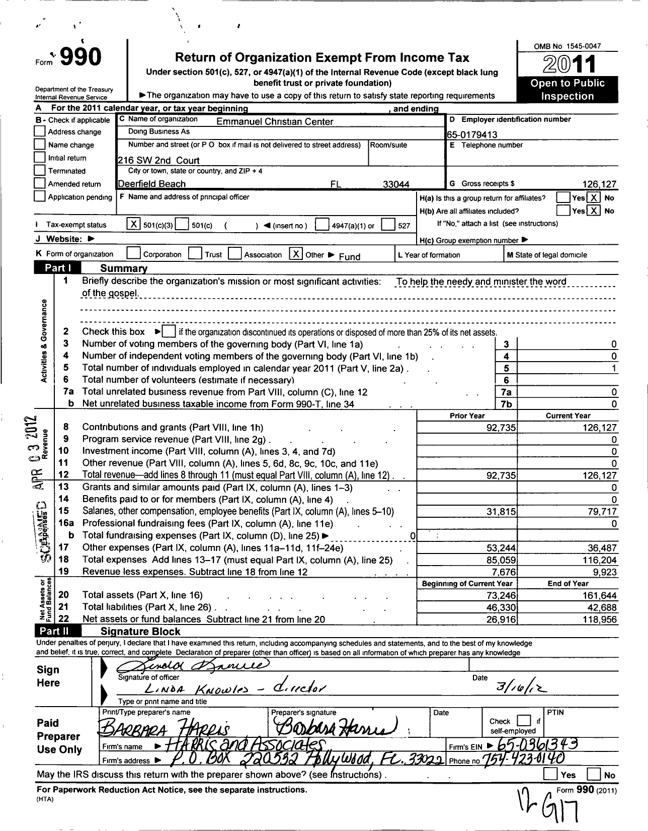 Image of first page of 2011 Form 990 for Emmanuel Christian Center