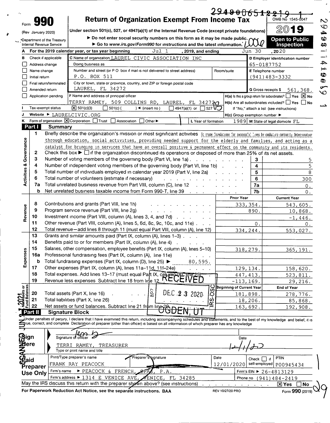 Image of first page of 2019 Form 990 for Laurel Civic Association