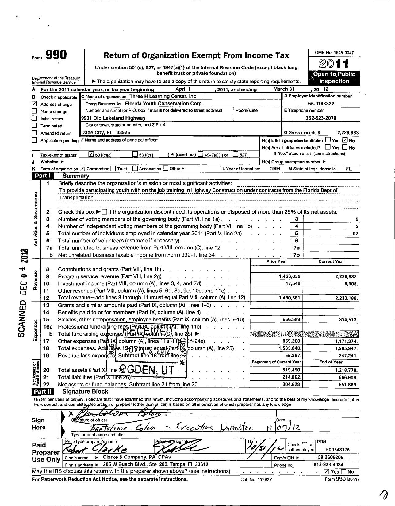 Image of first page of 2011 Form 990 for Three H Learning Center Three H Learning Center