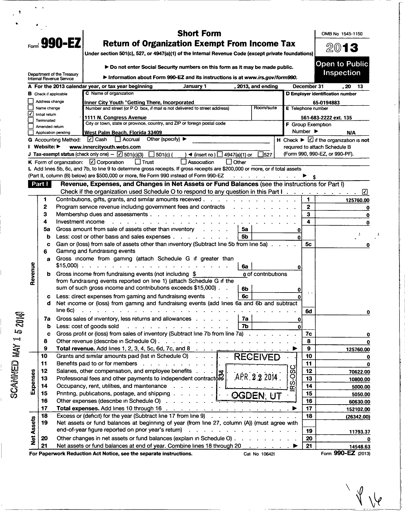 Image of first page of 2013 Form 990EZ for Inner City Youth-Getting There