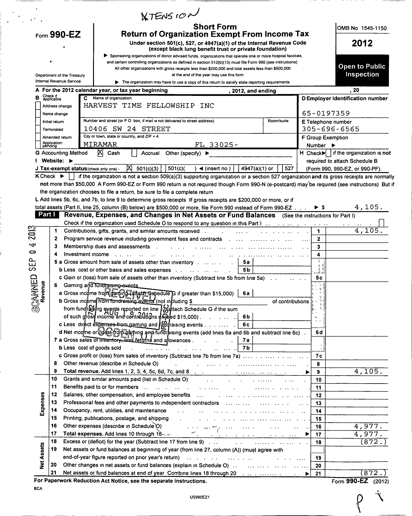 Image of first page of 2012 Form 990EZ for Harvest Time Fellowship