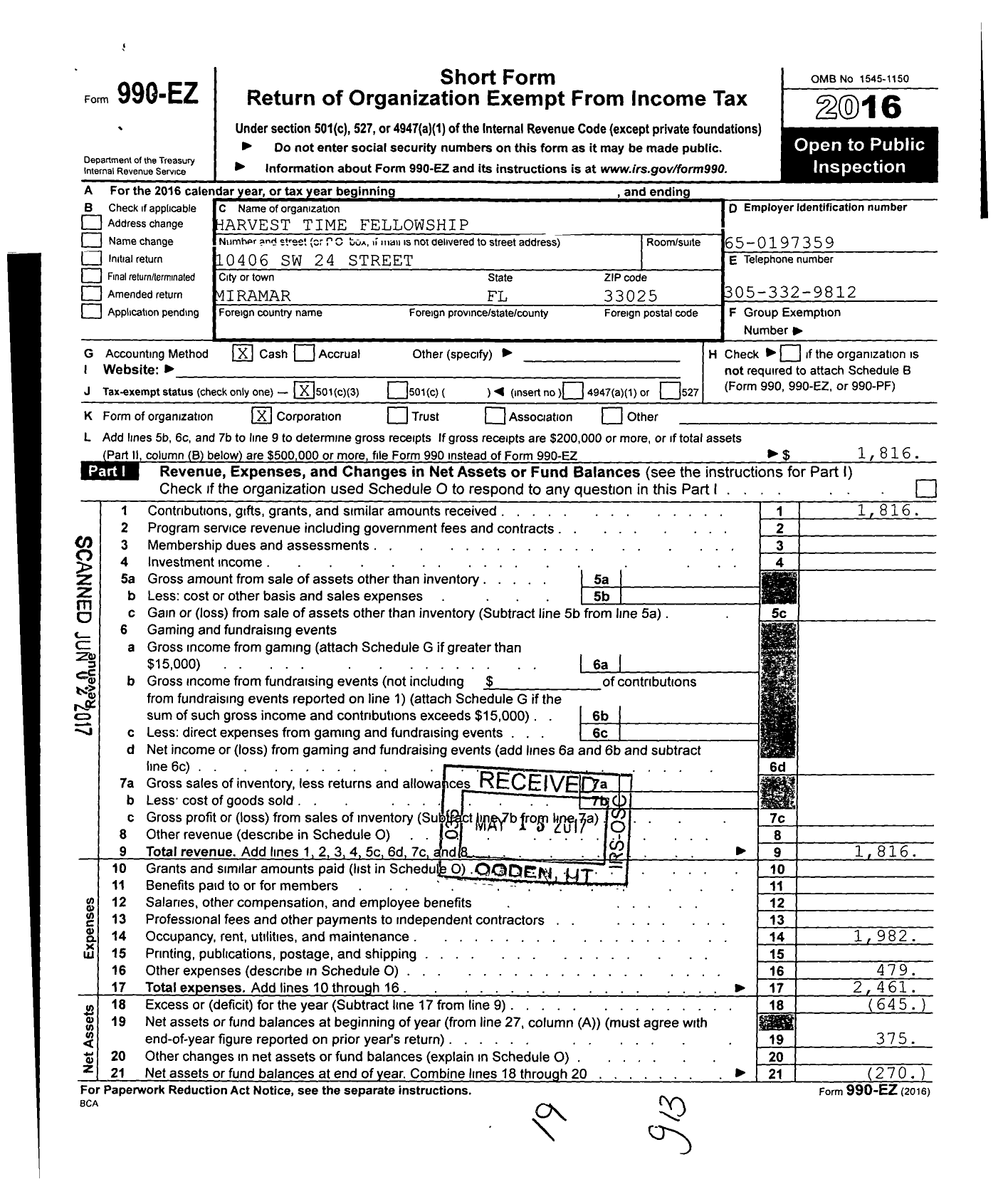 Image of first page of 2016 Form 990EZ for Harvest Time Fellowship