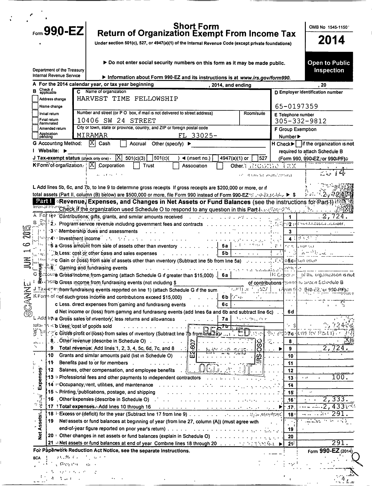 Image of first page of 2014 Form 990EZ for Harvest Time Fellowship