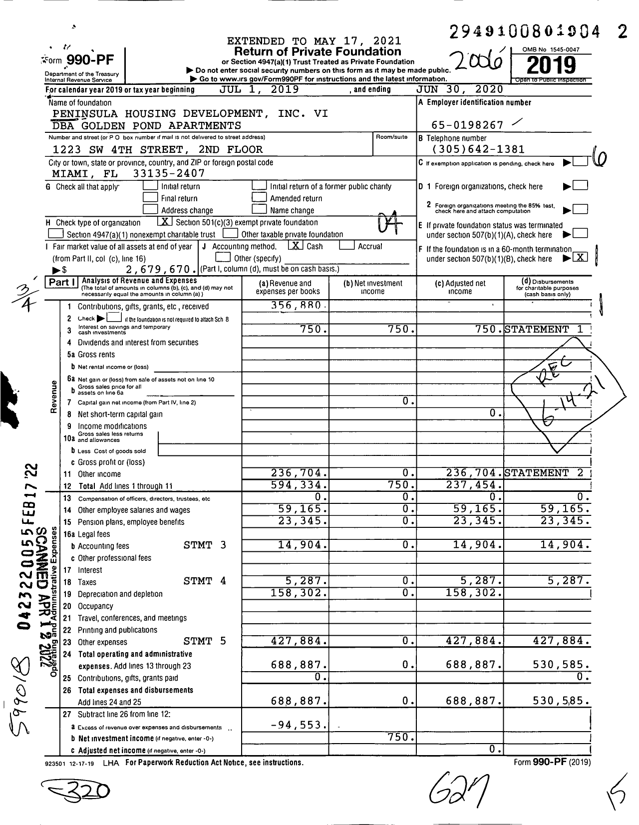 Image of first page of 2019 Form 990PF for Golden Pond Apartments