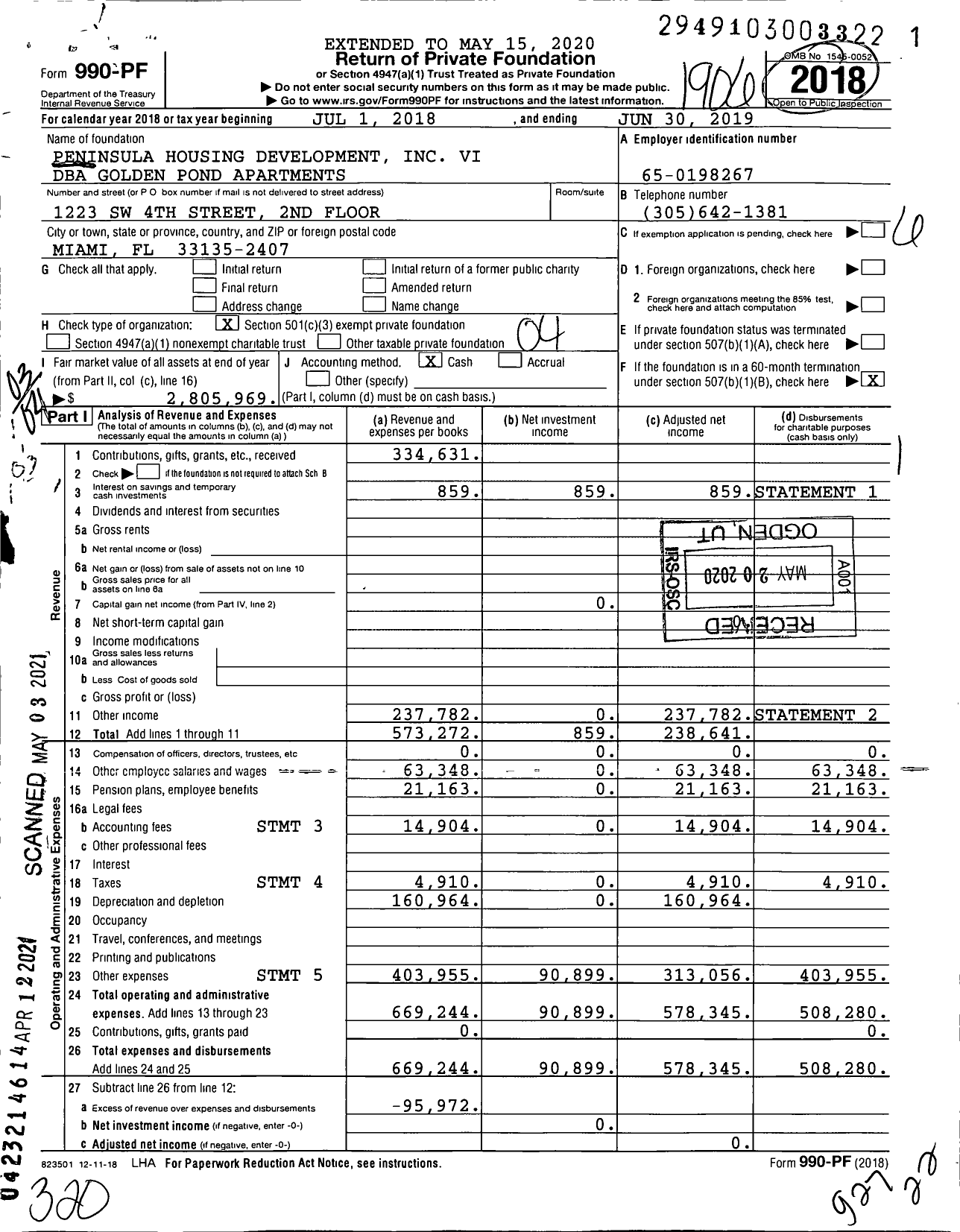 Image of first page of 2018 Form 990PF for Golden Pond Apartments