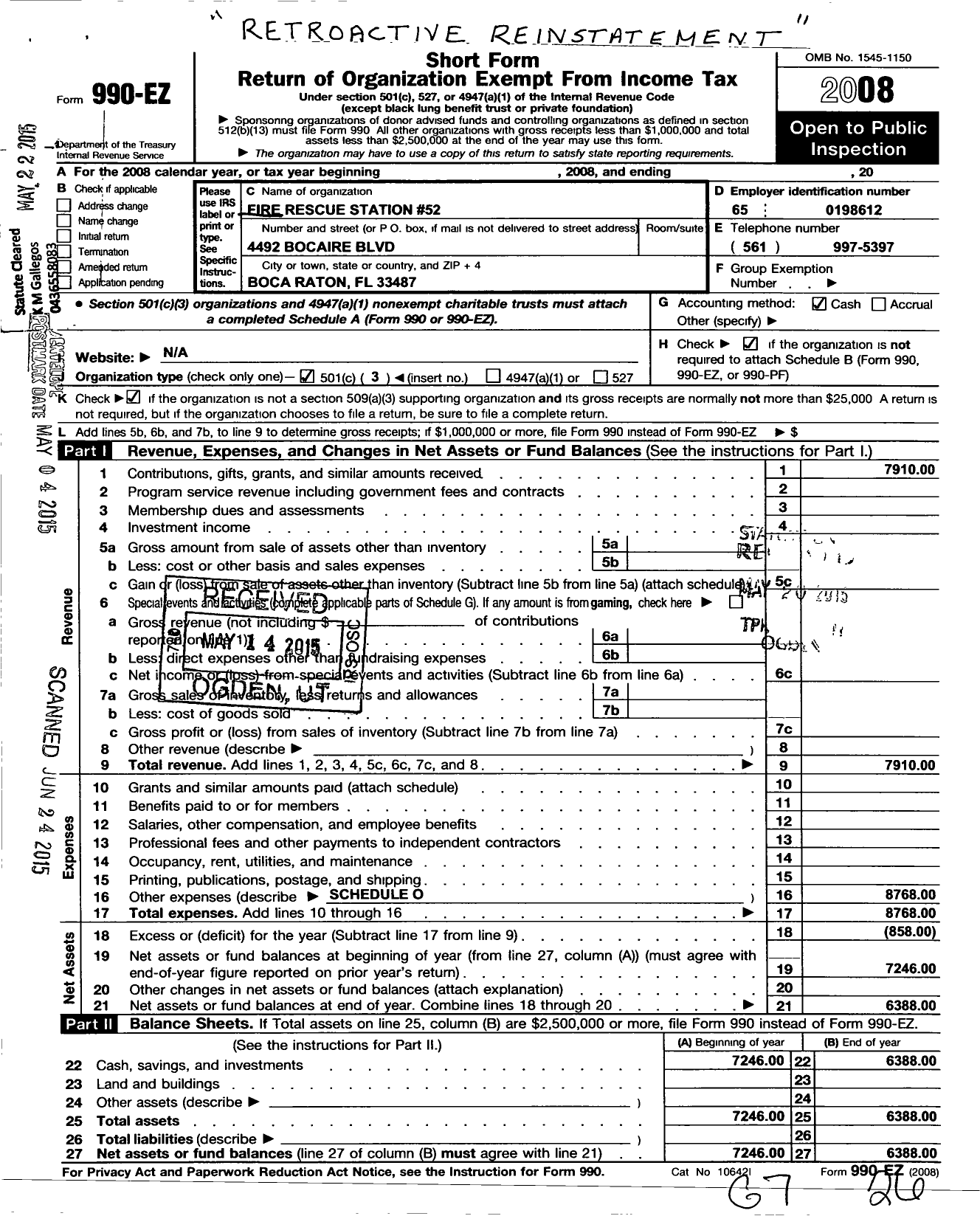 Image of first page of 2008 Form 990EZ for Fire Rescue Station 52