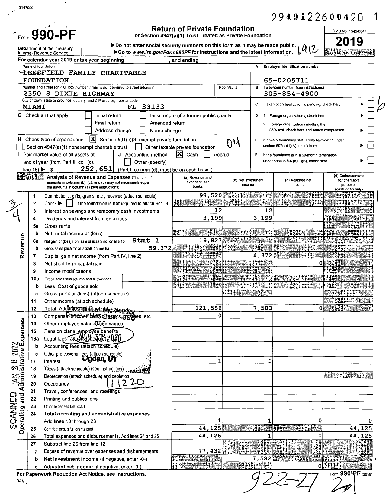 Image of first page of 2019 Form 990PF for Leesfield Family Charitable Foundation