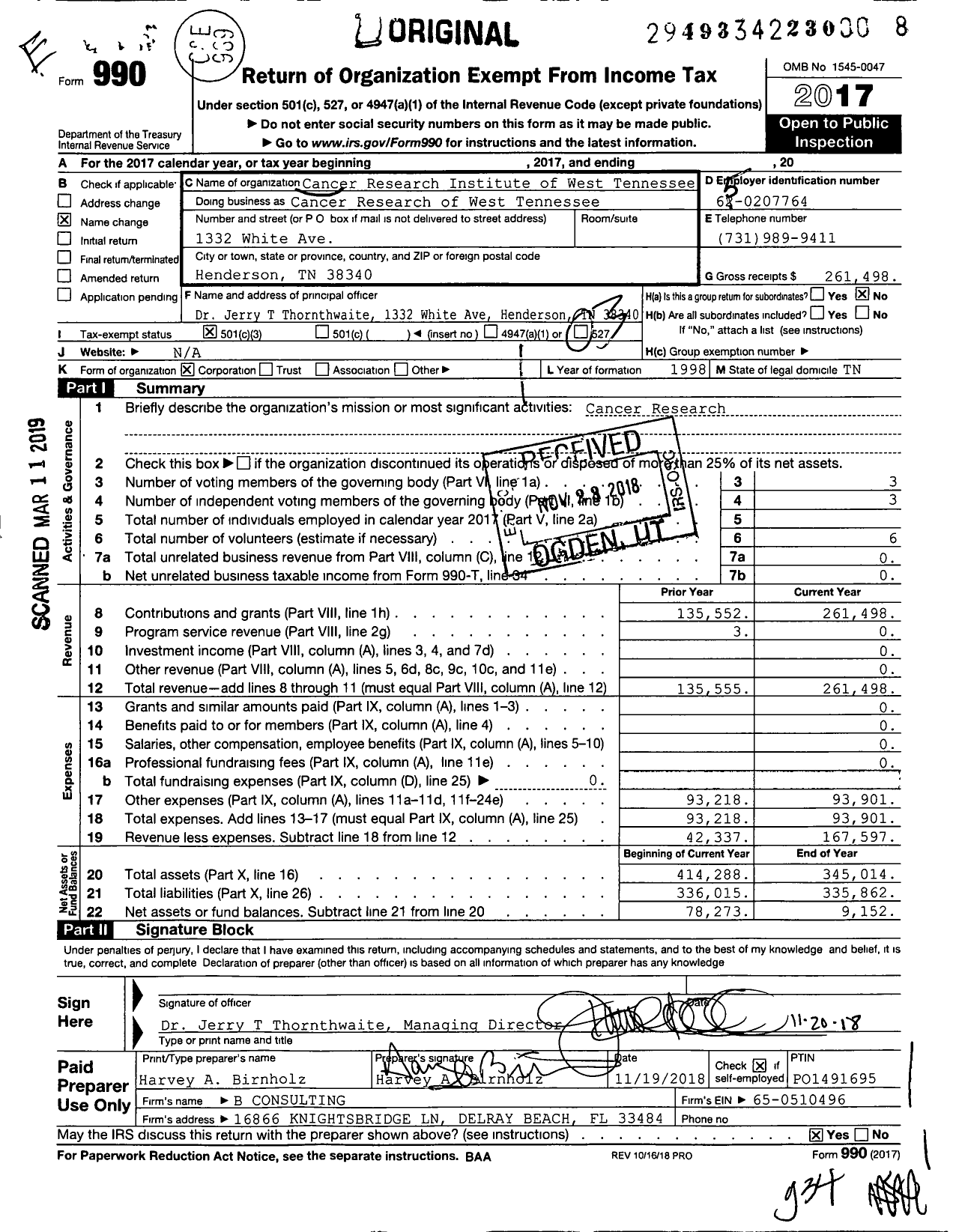 Image of first page of 2017 Form 990 for Cancer Research Institute of W Tennessee