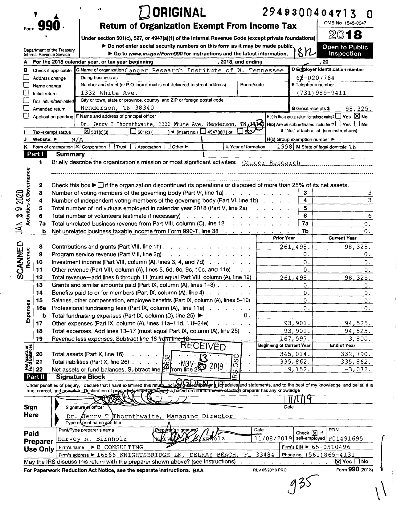 Image of first page of 2018 Form 990 for Cancer Research Institute of W Tennessee