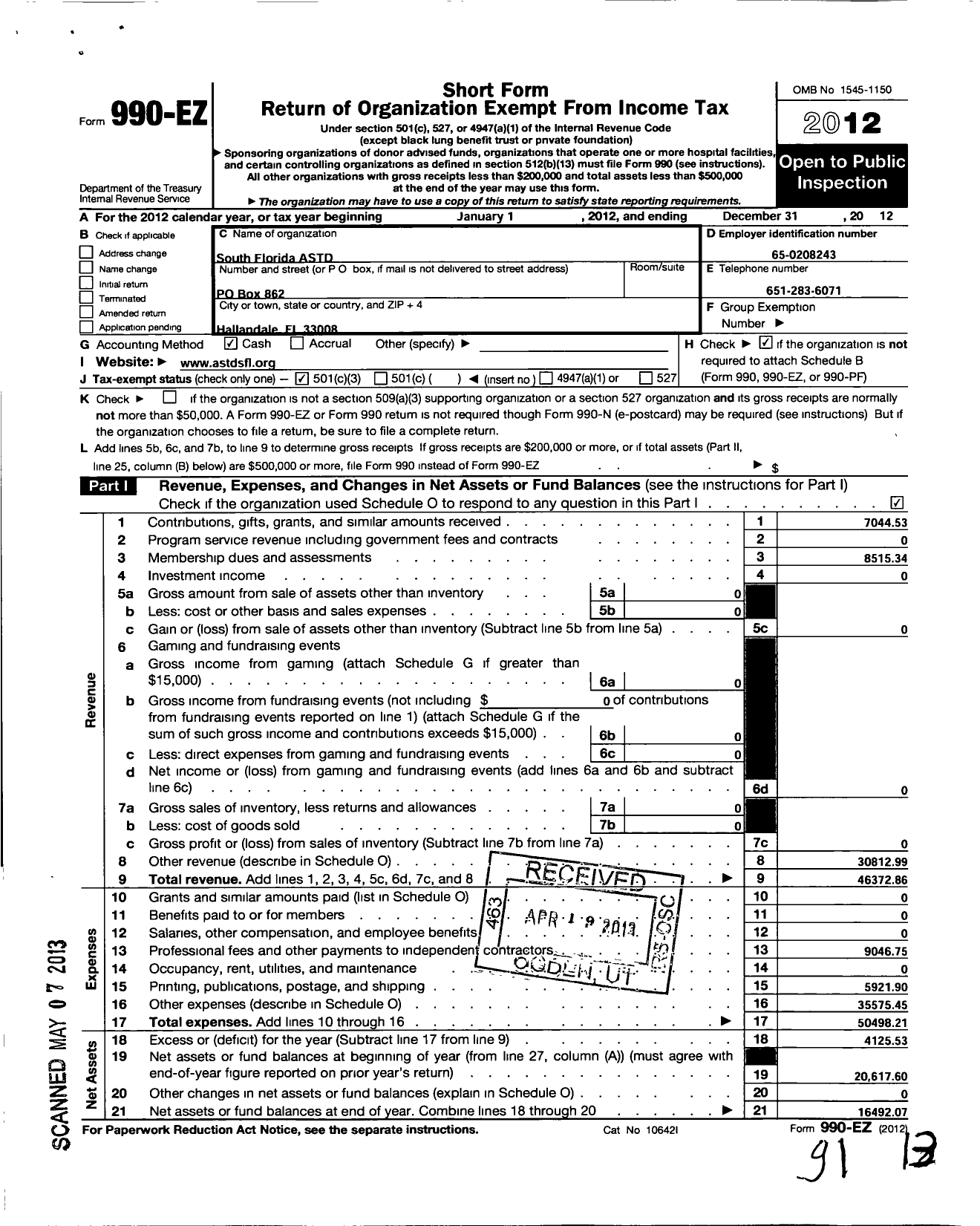 Image of first page of 2012 Form 990EZ for American Society for Training and Development / South Florida Astd