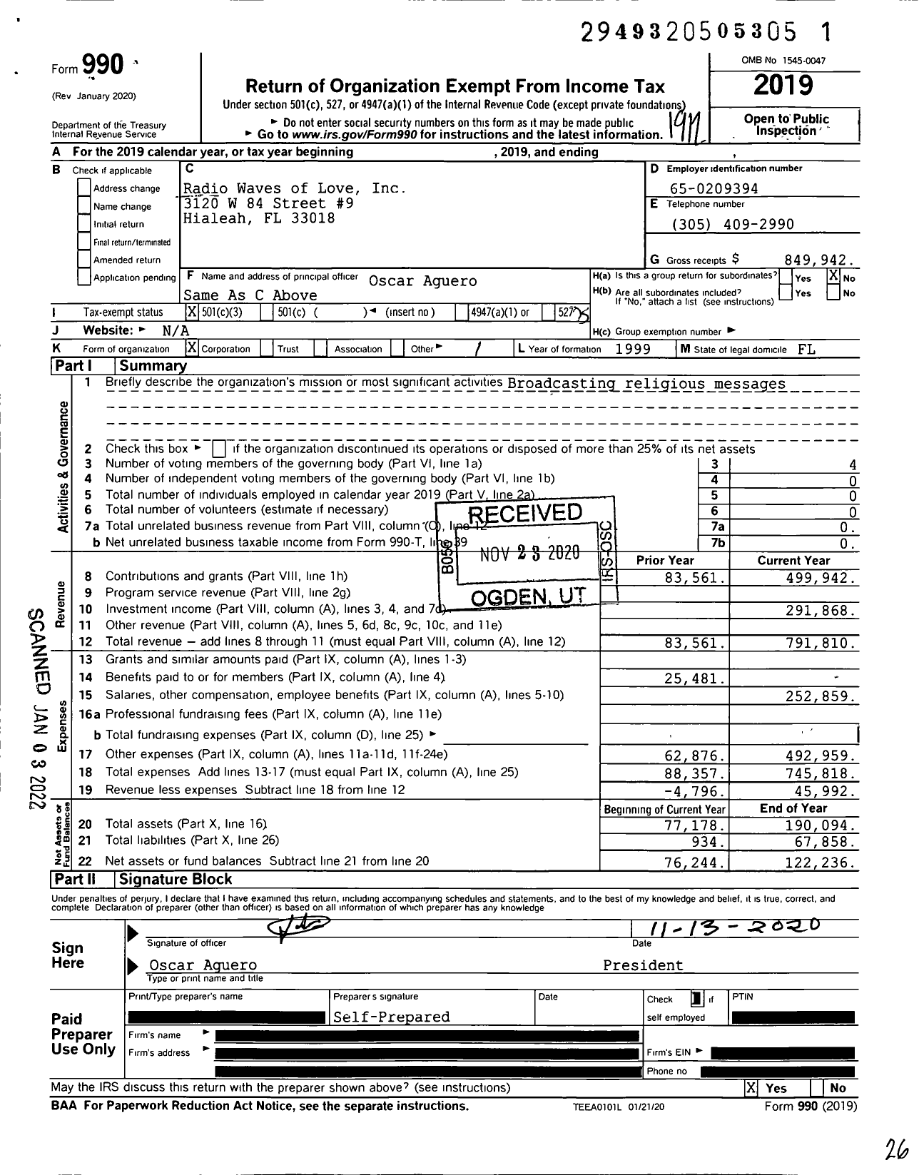 Image of first page of 2019 Form 990 for Radio Waves of Love