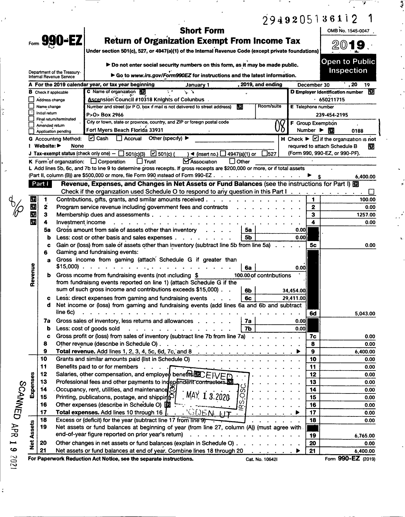 Image of first page of 2019 Form 990EO for Knights of Columbus - 10318 Ascension Council