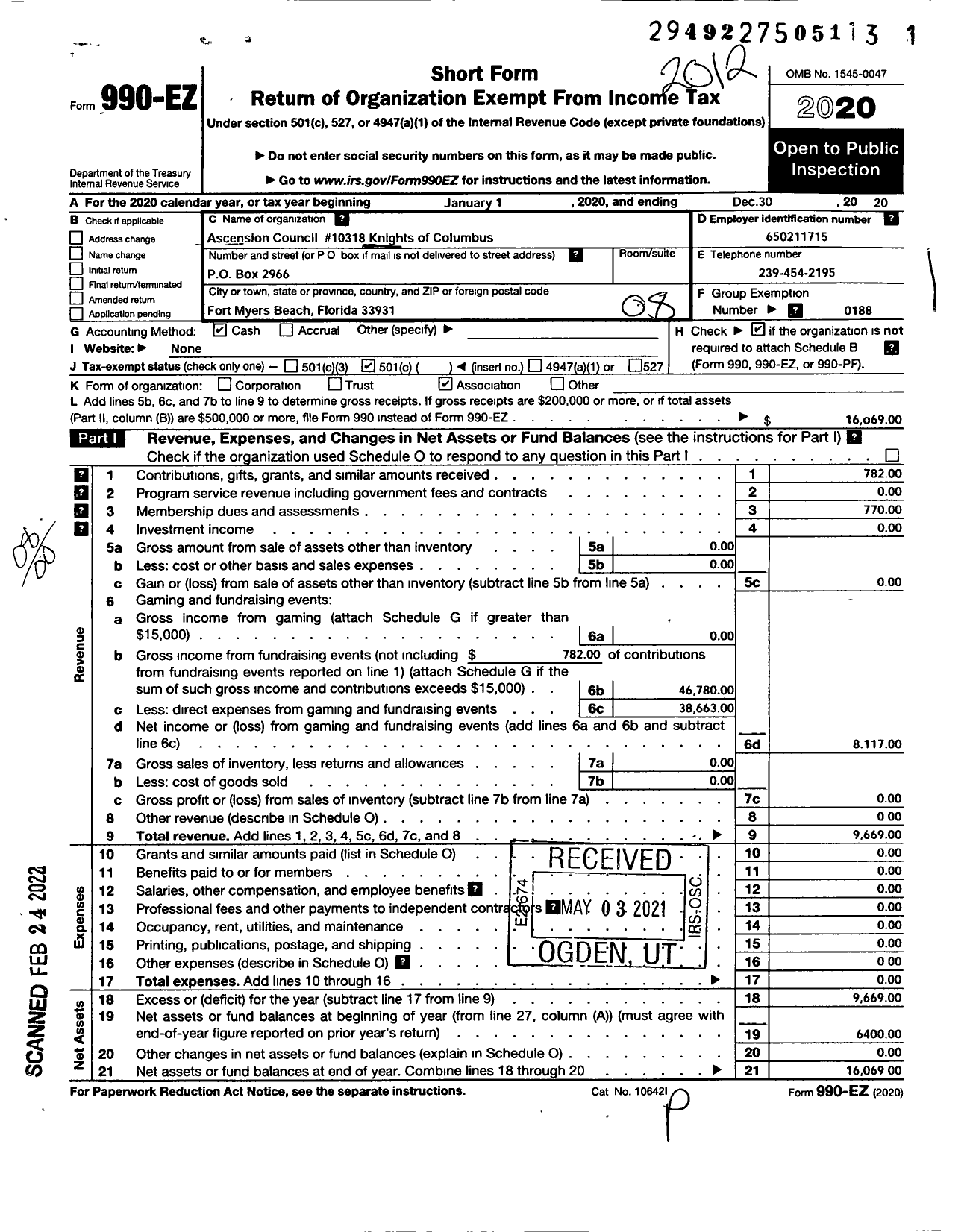 Image of first page of 2020 Form 990EO for Knights of Columbus - 10318 Ascension Council