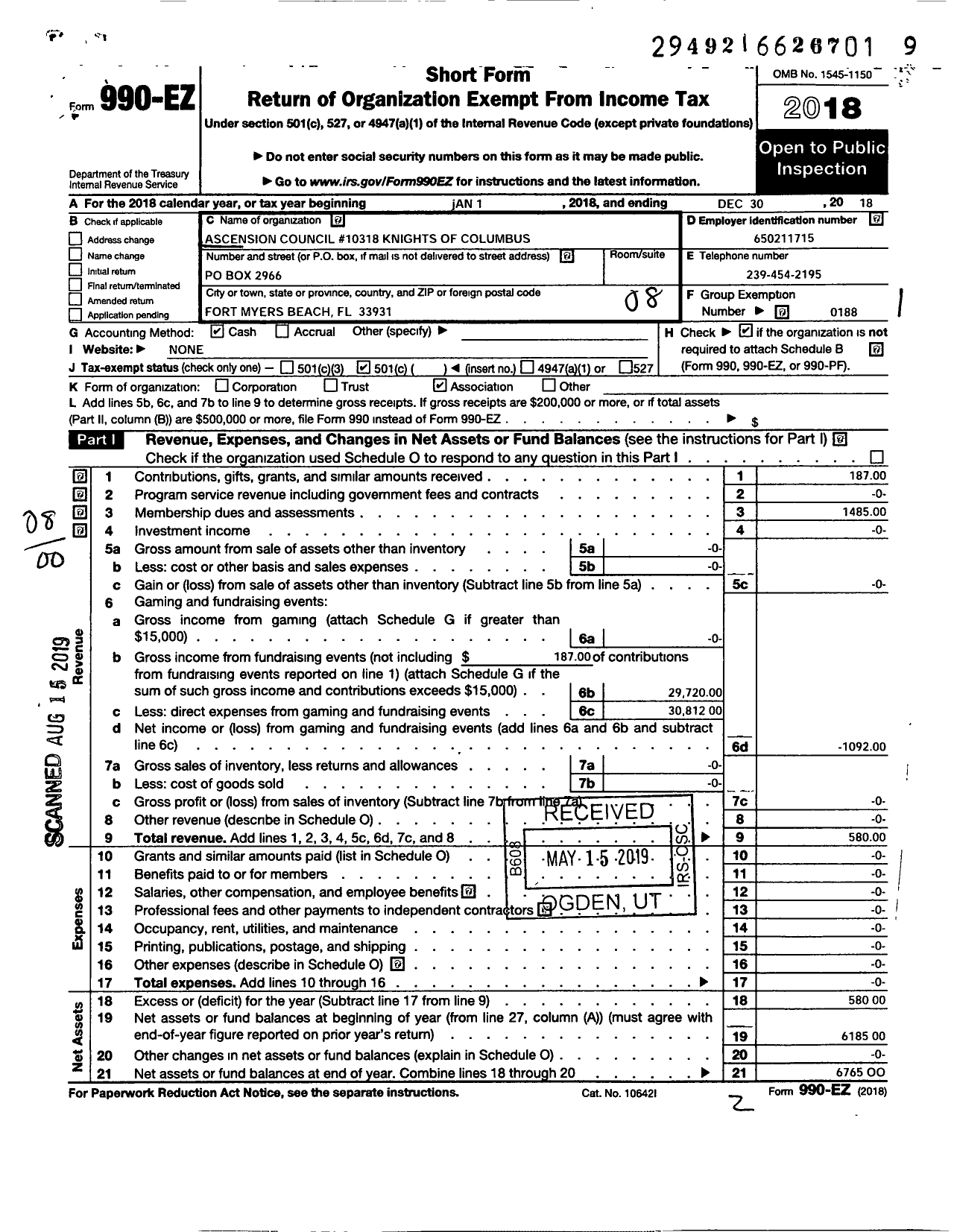 Image of first page of 2018 Form 990EO for Knights of Columbus - 10318 Ascension Council