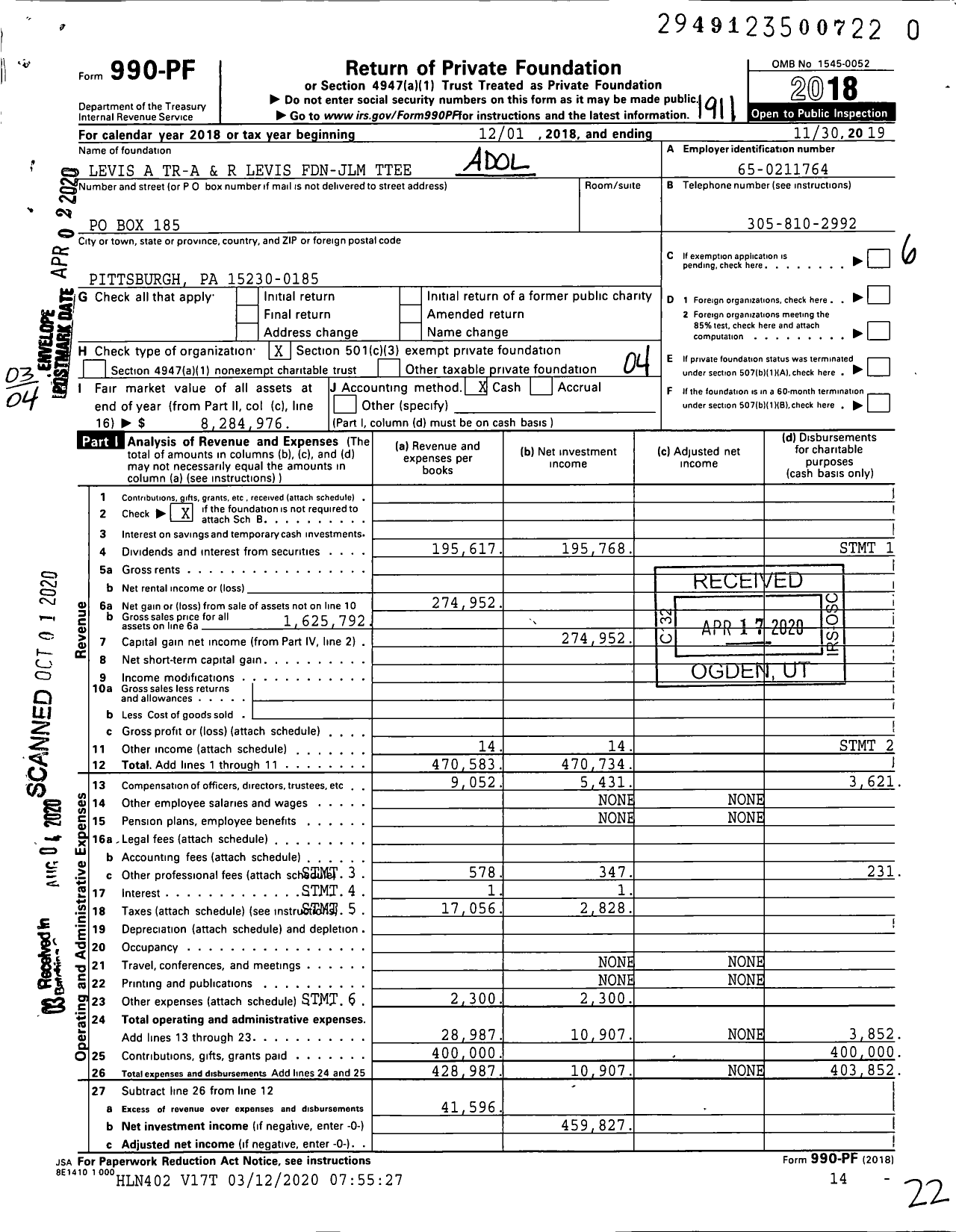 Image of first page of 2018 Form 990PR for Levis A Tr-A and R Levis FDN-JLM Ttees