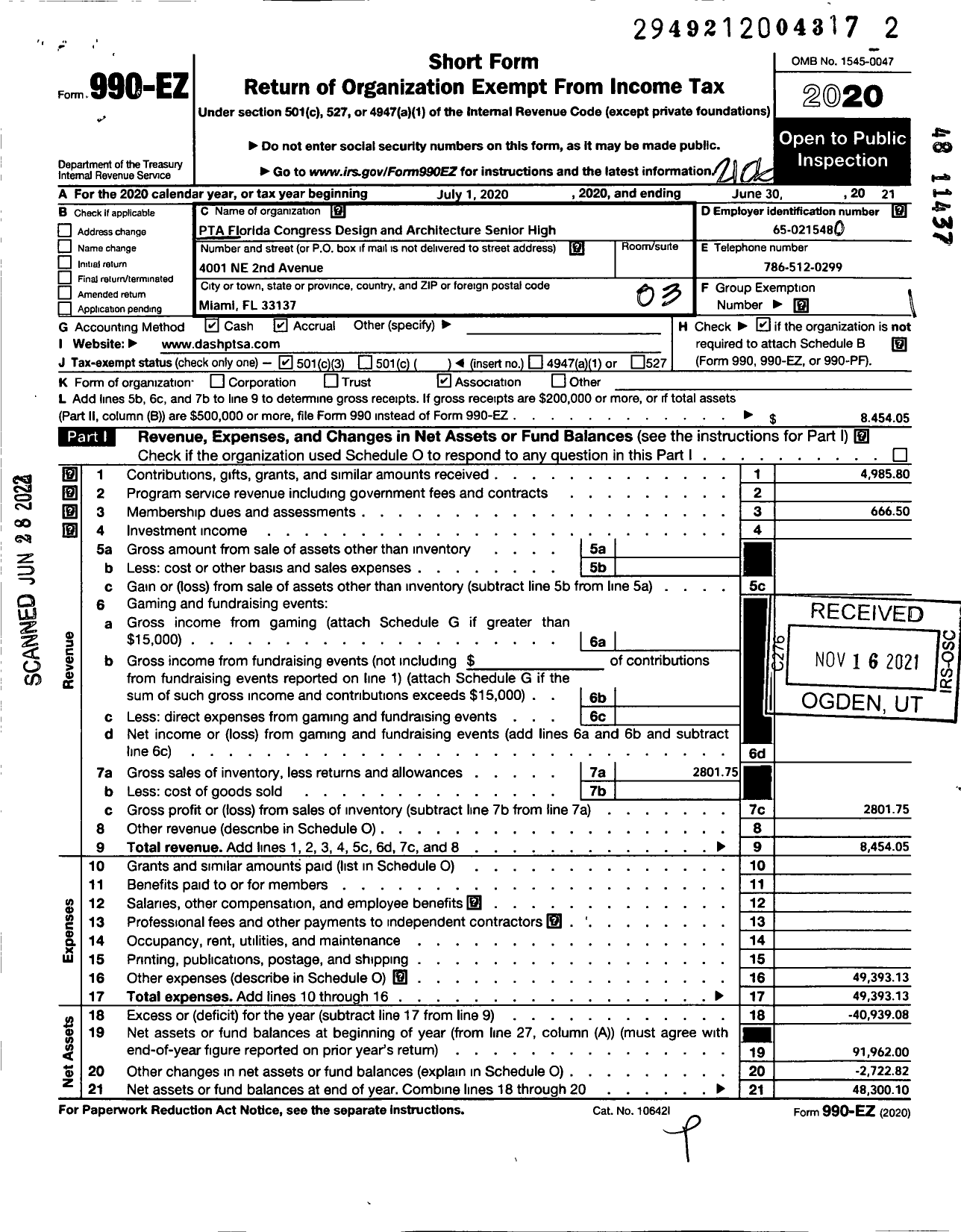 Image of first page of 2020 Form 990EZ for PTA Florida Congress - Design & Arch High Ptsa