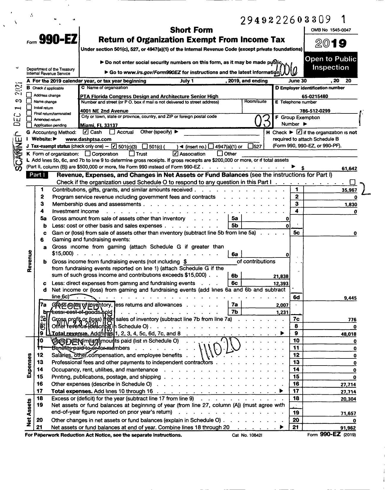 Image of first page of 2019 Form 990EZ for PTA Florida Congress - Design & Arch High Ptsa