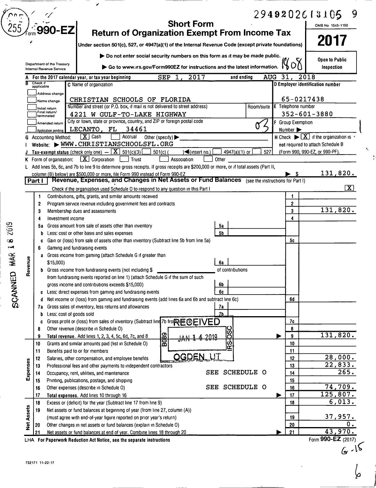 Image of first page of 2017 Form 990EZ for Christian Schools of Florida