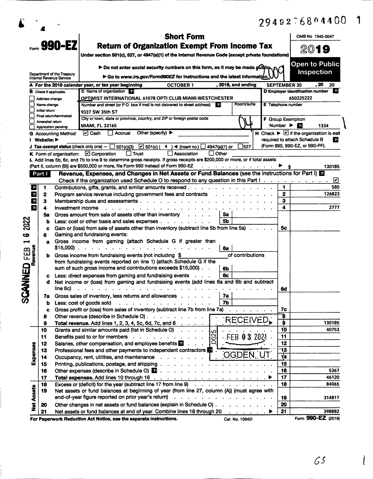 Image of first page of 2019 Form 990EO for Optimist International - Optimist Club Westchester