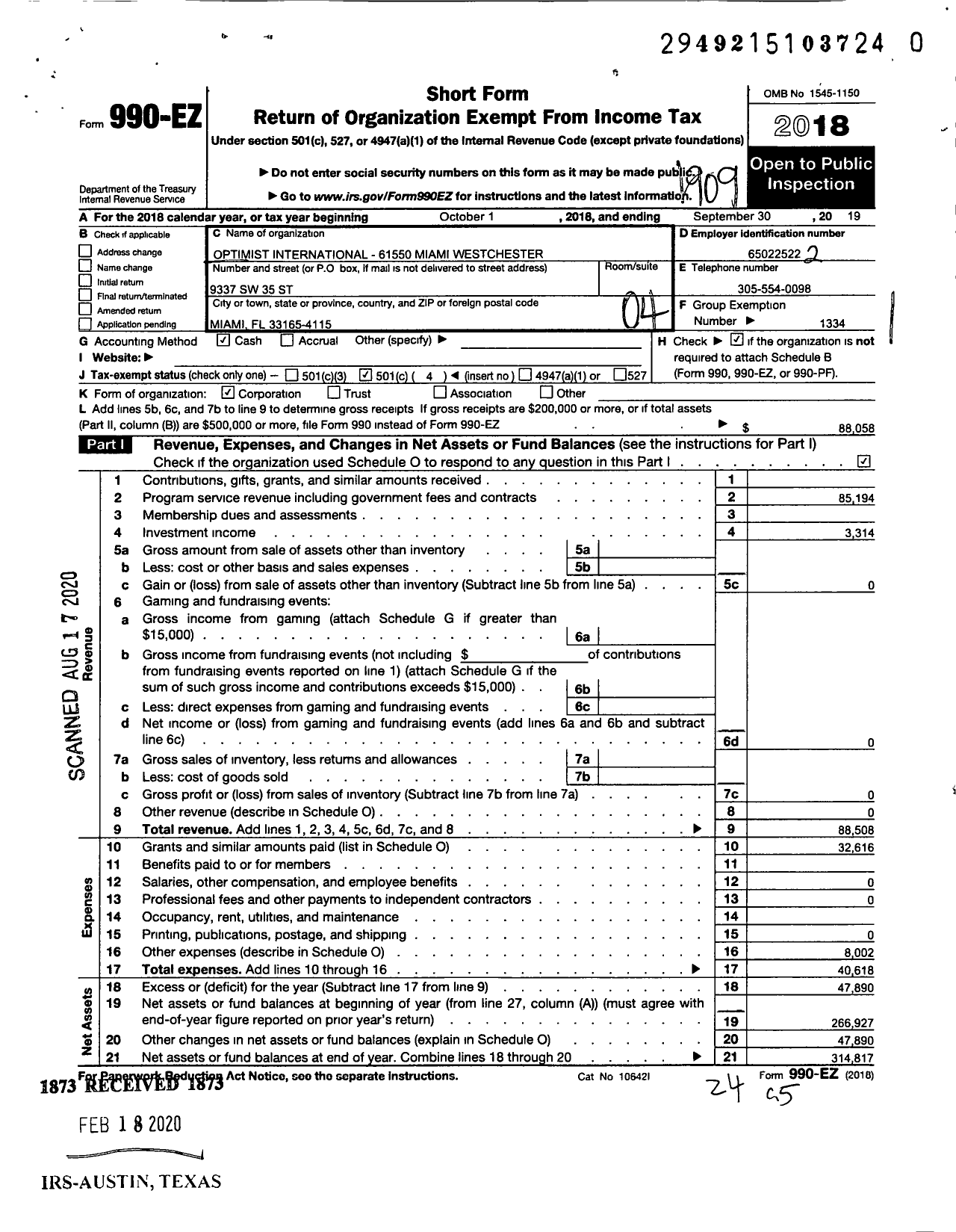 Image of first page of 2018 Form 990EO for Optimist International - Optimist Club Westchester