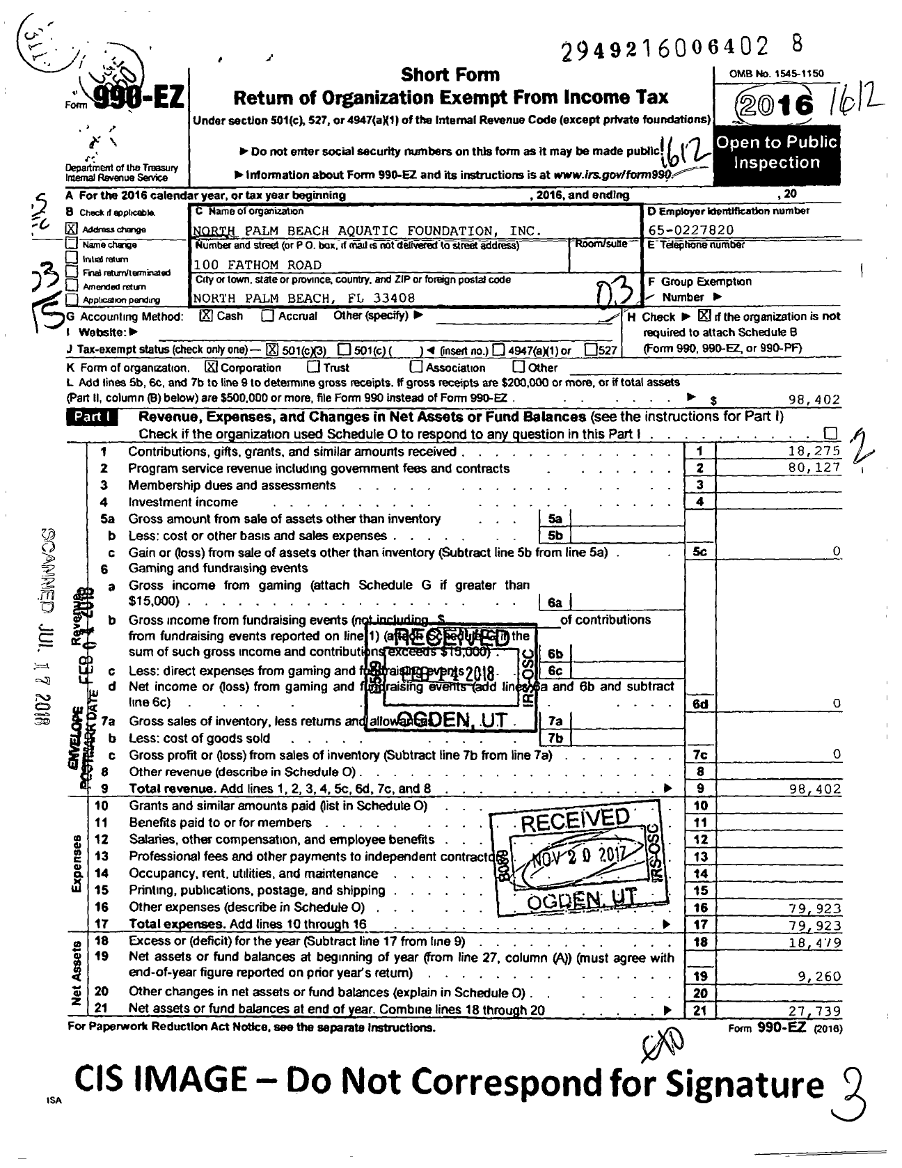 Image of first page of 2016 Form 990EZ for North Palm Beach Aquatic Foundation