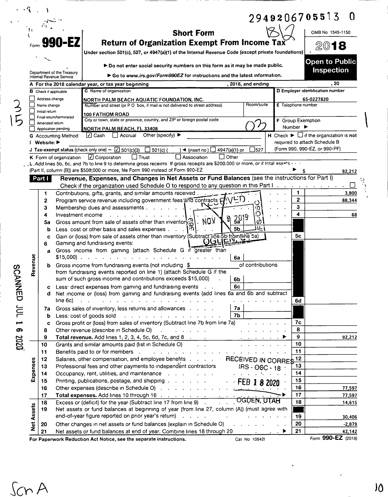 Image of first page of 2018 Form 990EZ for North Palm Beach Aquatic Foundation