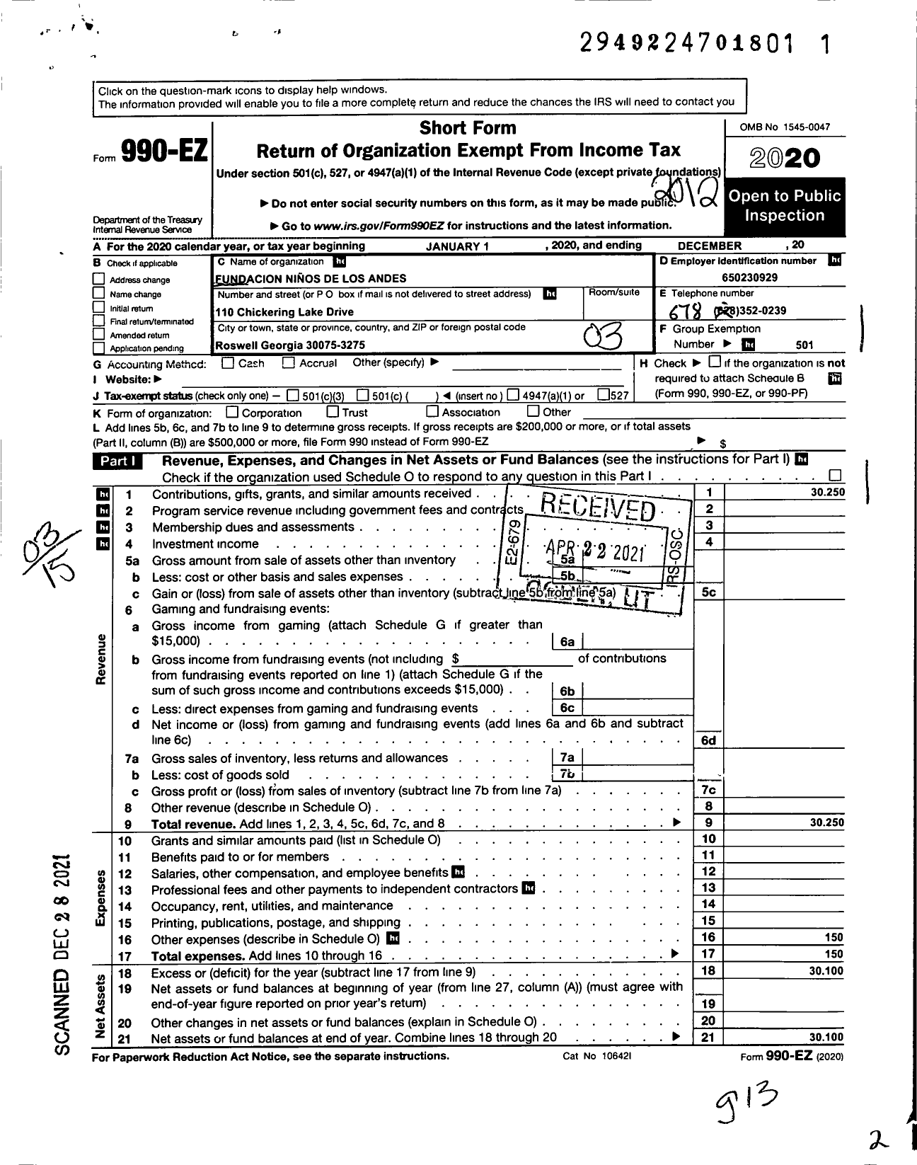 Image of first page of 2020 Form 990EZ for Fundacion Ninos de Los Andes