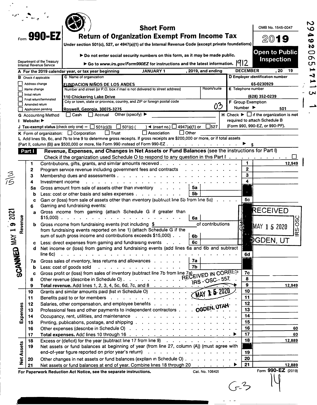 Image of first page of 2019 Form 990EZ for Fundacion Ninos de Los Andes