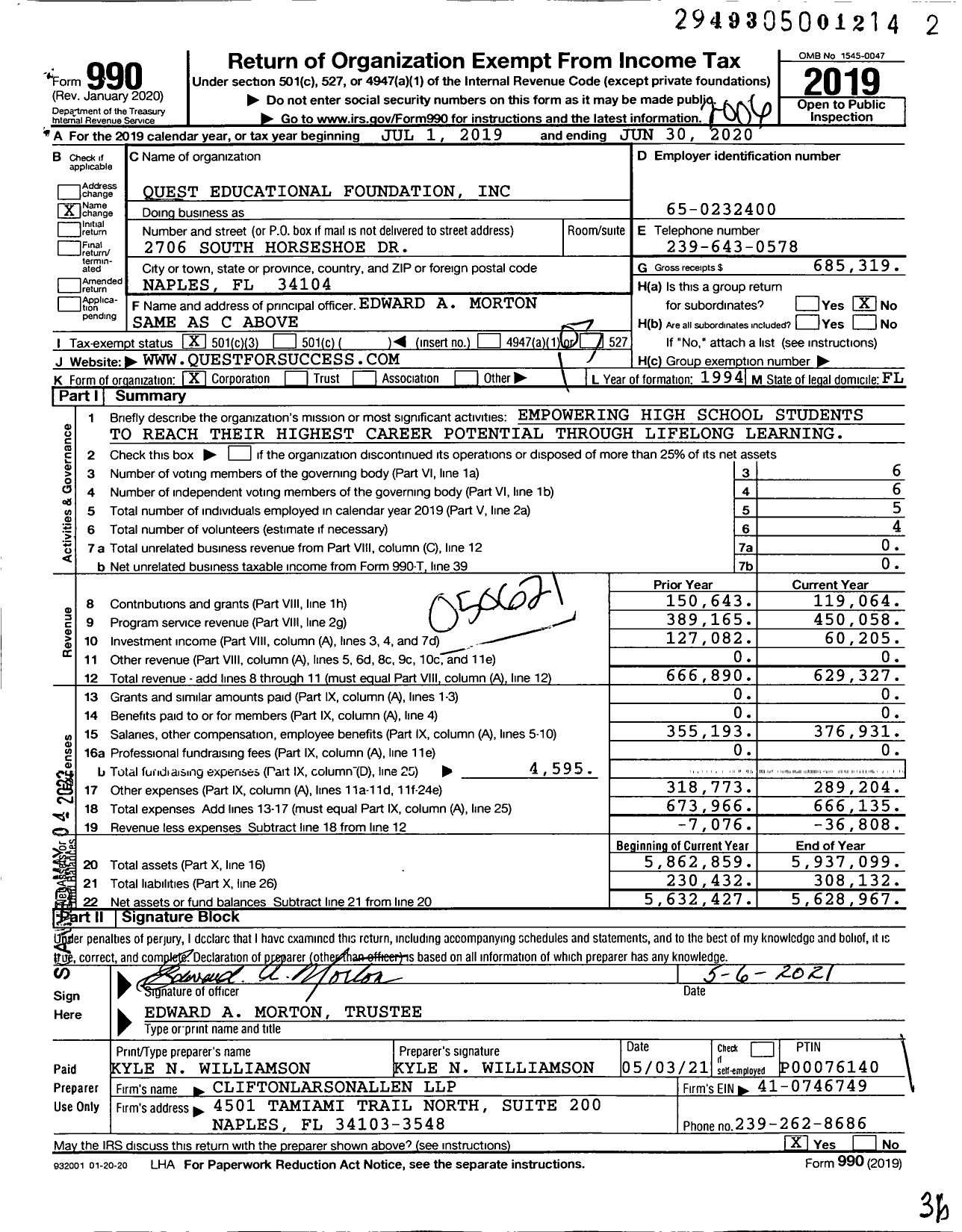 Image of first page of 2019 Form 990 for Quest Educational Foundation