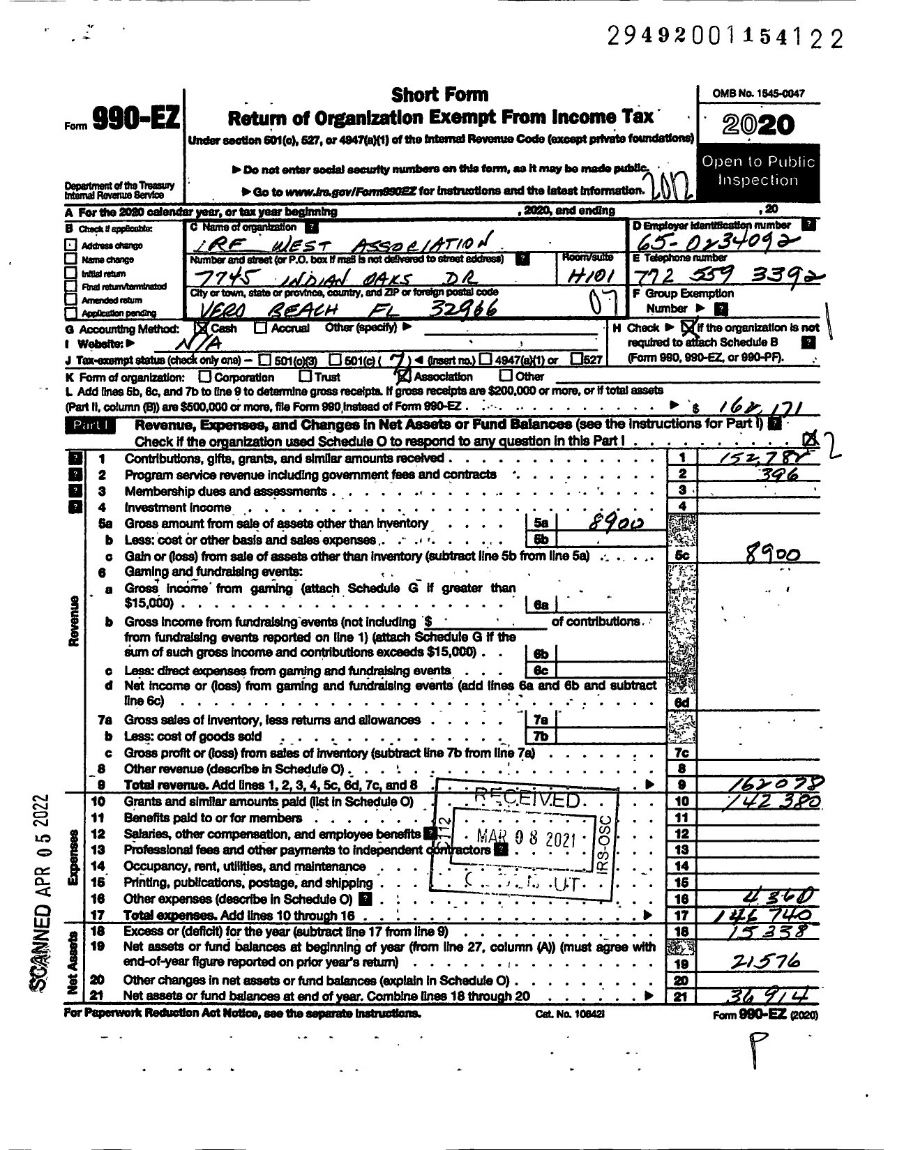 Image of first page of 2020 Form 990EO for IRE WEST Association