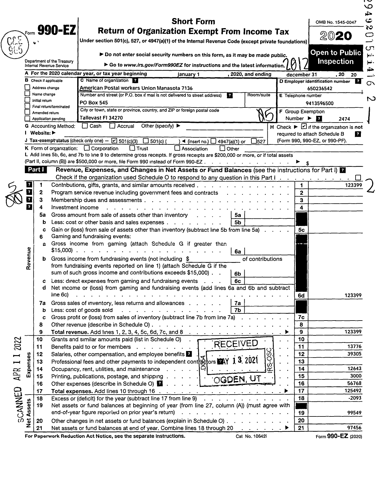 Image of first page of 2020 Form 990EO for AMERICAN POSTAL WORKERS UNION - 7136 Manasota Local