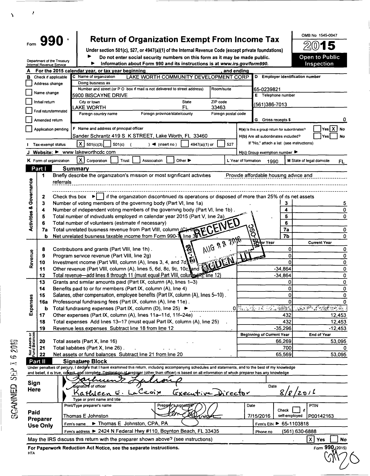 Image of first page of 2015 Form 990 for Lake Worth Community Development Corporation