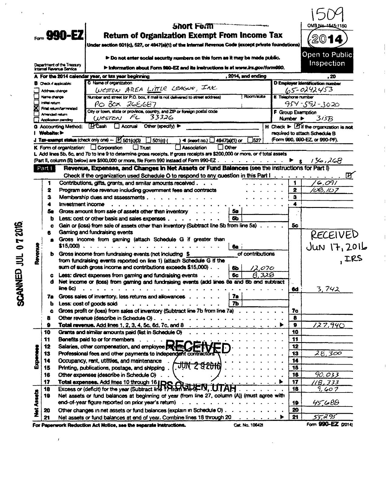 Image of first page of 2014 Form 990EZ for Little League Baseball - 3092102 Weston Area LL