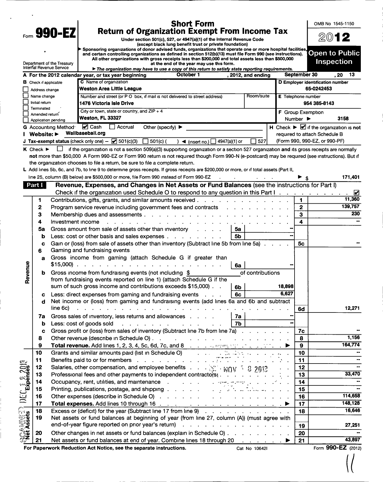 Image of first page of 2012 Form 990EZ for Little League Baseball - 3092102 Weston Area LL