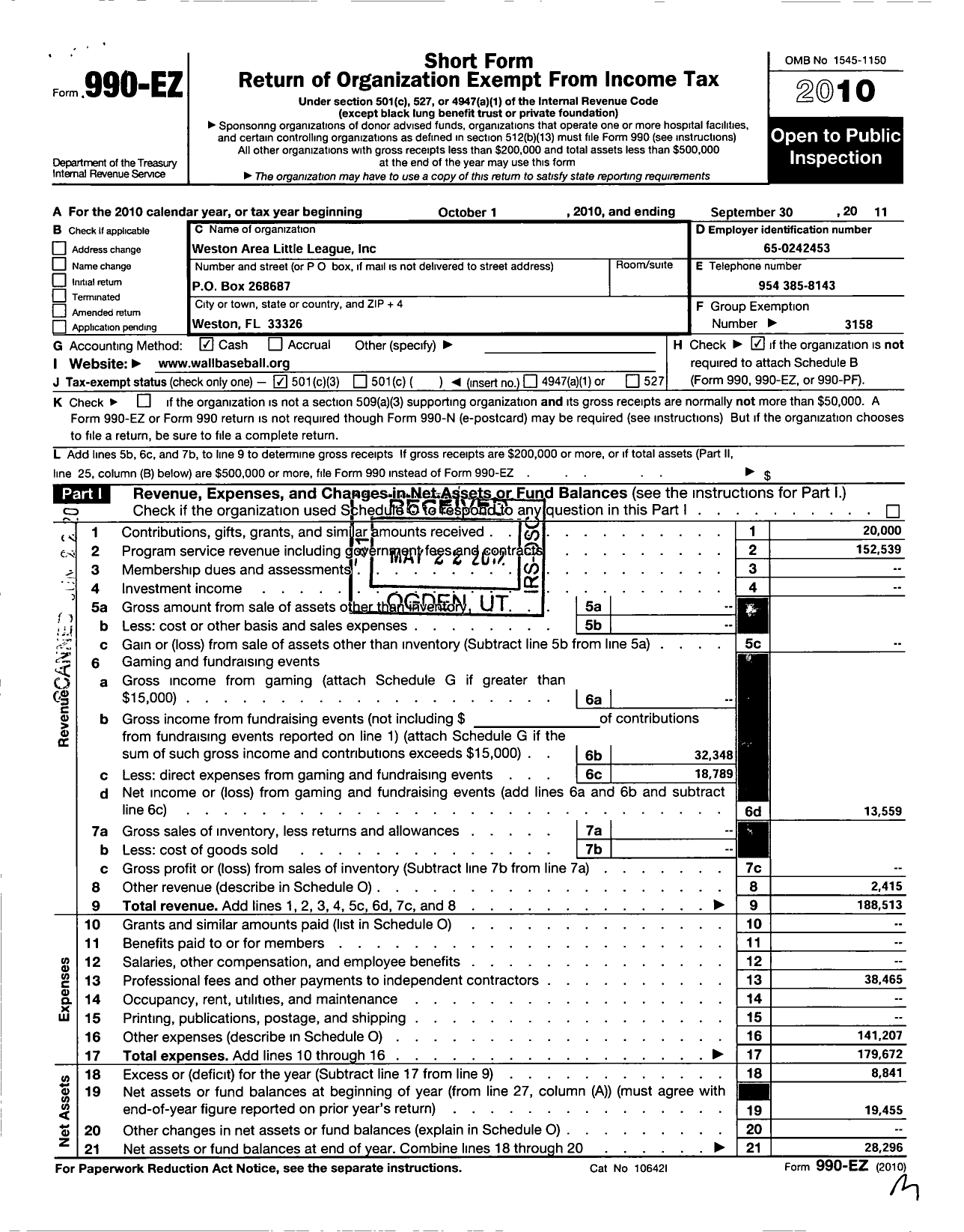 Image of first page of 2011 Form 990EZ for Little League Baseball - 3092102 Weston Area LL