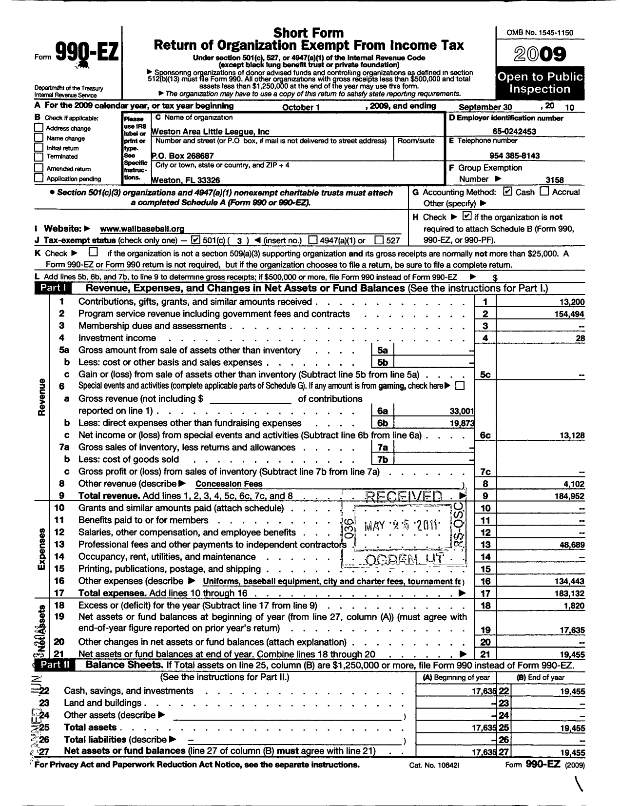 Image of first page of 2009 Form 990EZ for Little League Baseball - 3092102 Weston Area LL