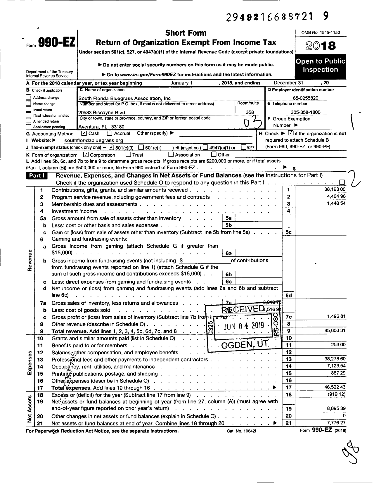 Image of first page of 2018 Form 990EZ for South Florida Bluegrass Association