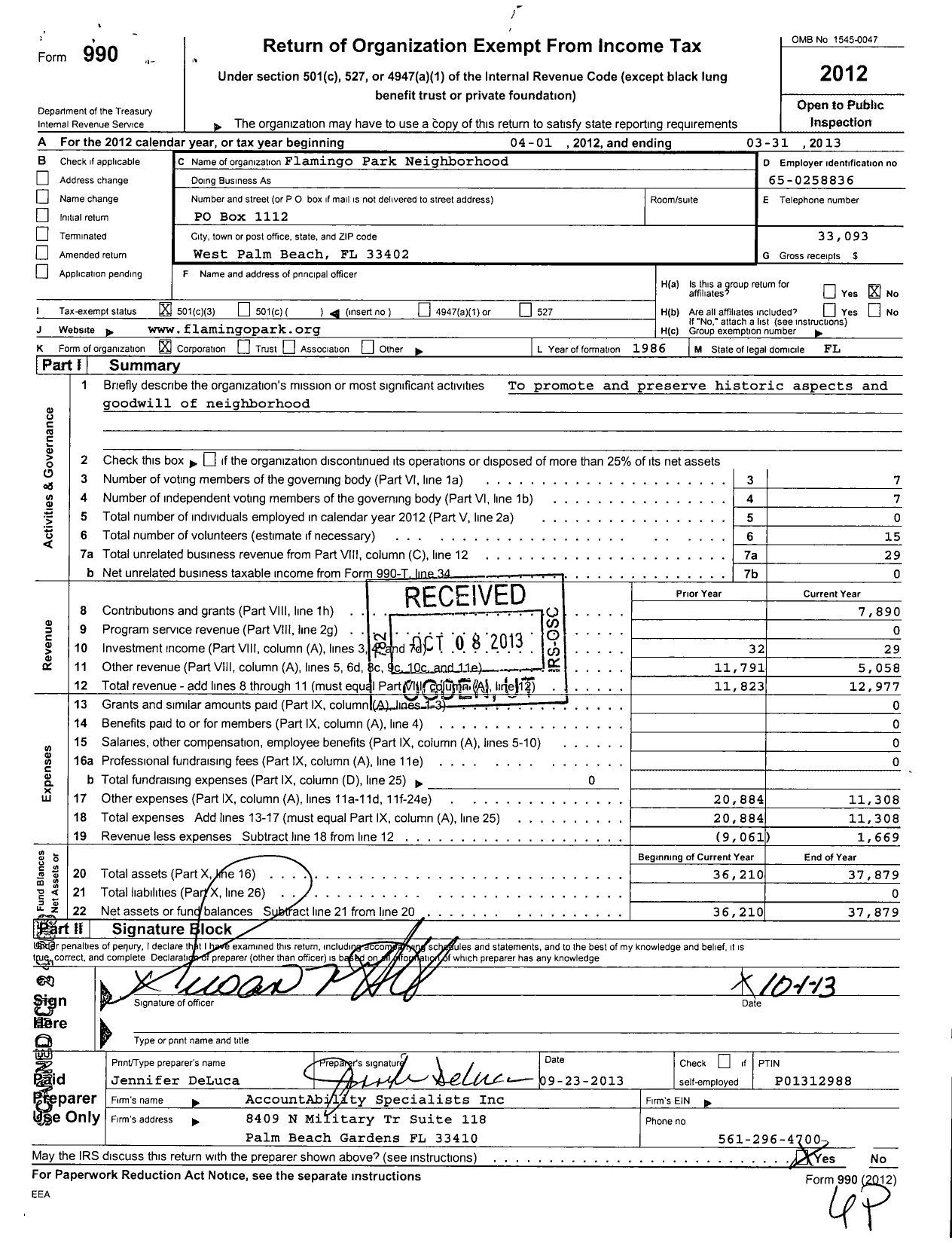 Image of first page of 2012 Form 990 for Flamingo Park Neighborhood